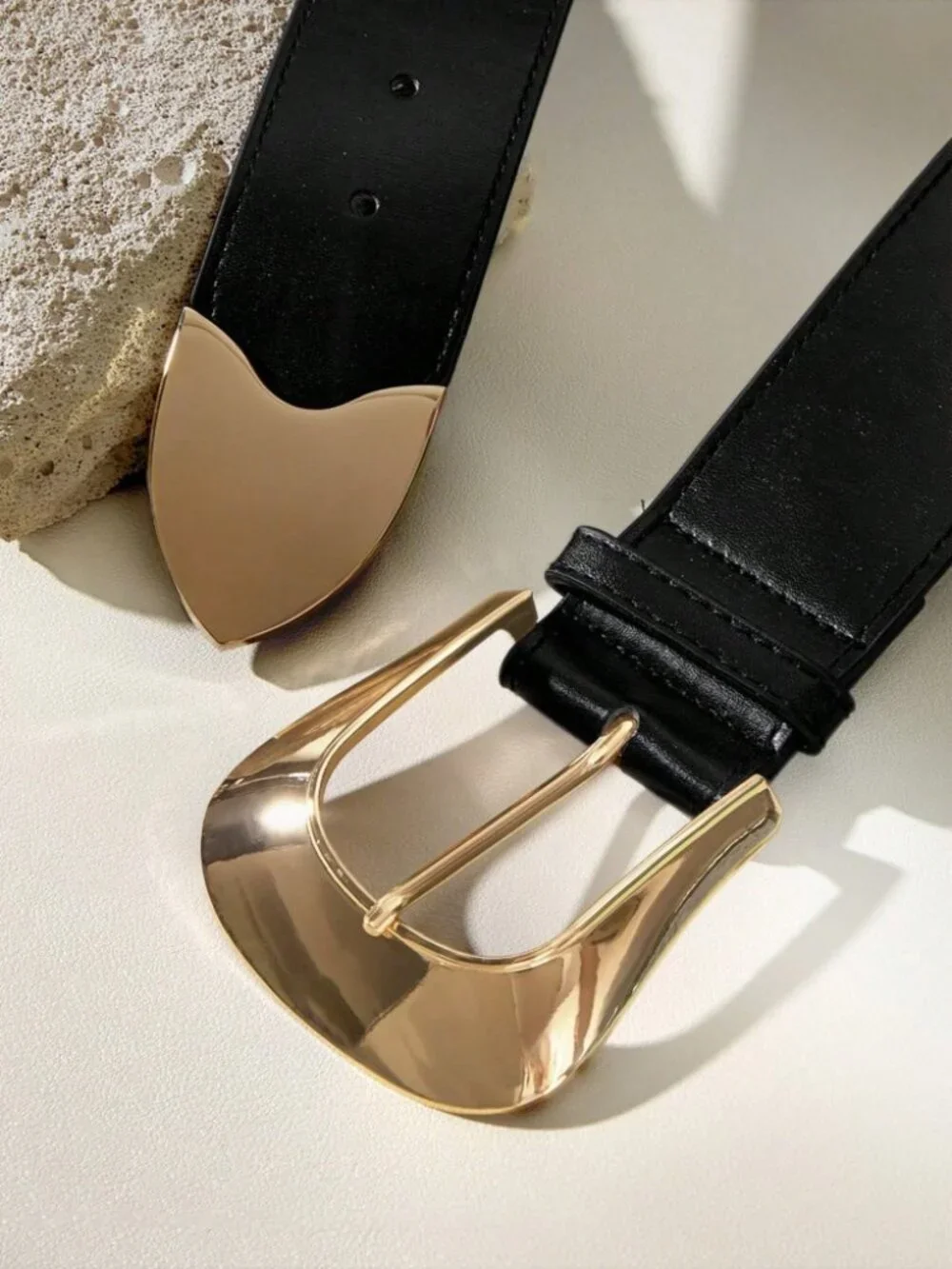 Black Wide Belt with Polished Gold Western Buckle